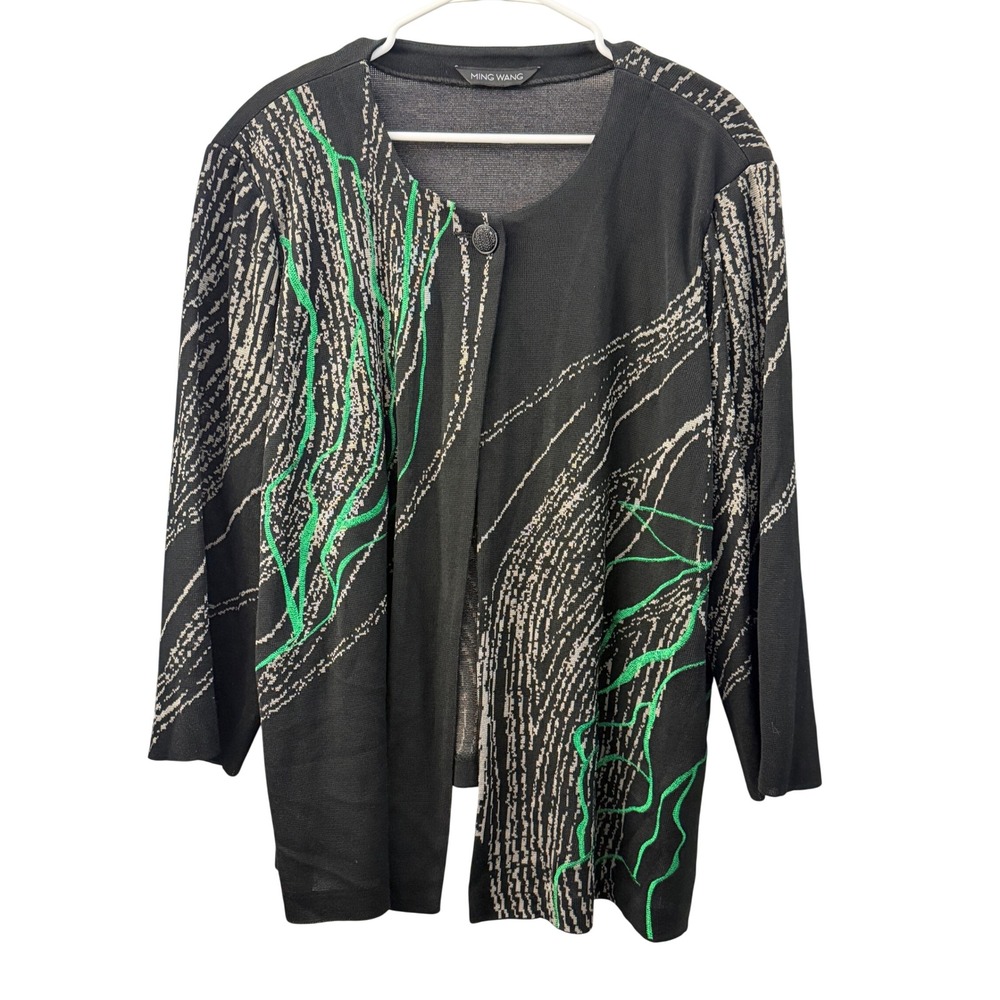 Ming Wang Black Green Abstract Graphic Knit Single Button Cardigan Jacket Office